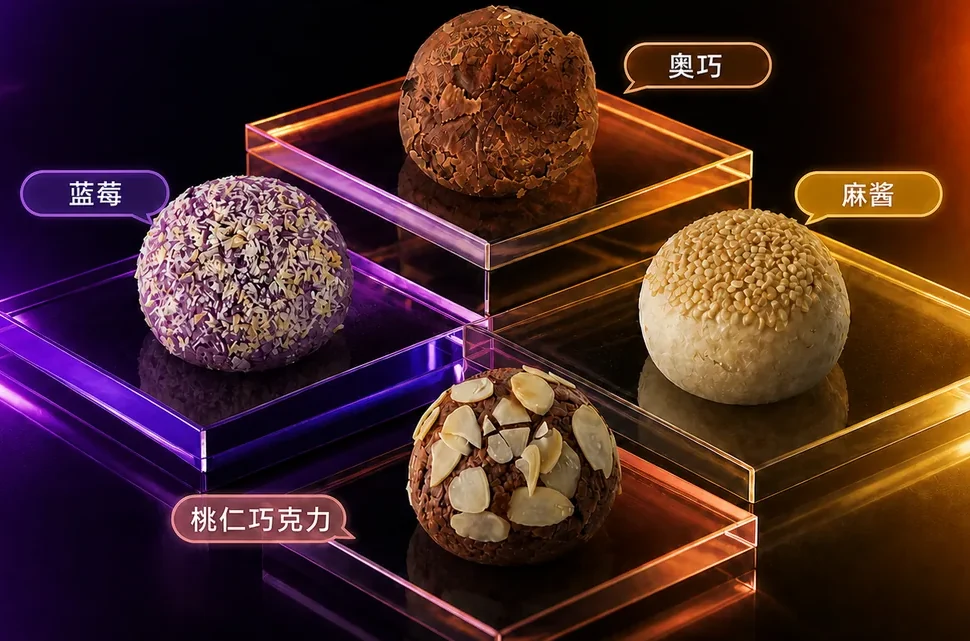 四款流心白皮创意糕点展示局部,非正式商品照片